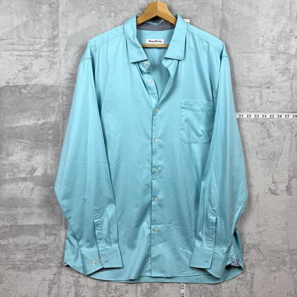 Tommy Bahama Aqua Blue Long Sleeve Shirt Men XL Tall Silk Cotton Blend Casual - Picture 1 of 12